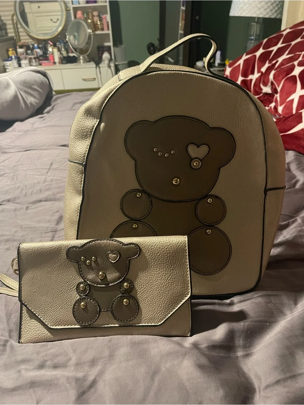 Beige Teddy Patch Women’s Backpack & Wallet Set
